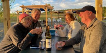 Happy couples enjoy a wine tour at Cunningham Creek Winery.