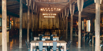 The barn-inspired interior of the Eastwood Farm and Winery