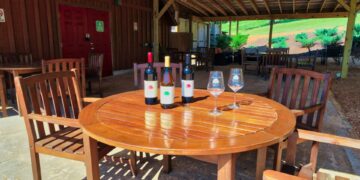 Spacious covered patio for relaxing on a tour of Wisdom Oak Winery in North Garden, VA